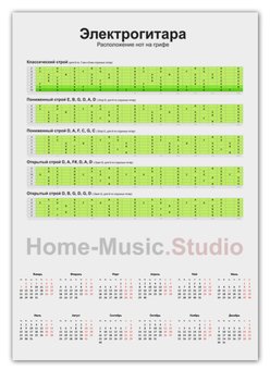 Заказать календарь в Москве. Календарь А2 Электрогитара: расположение нот на грифе от Home-Music.Studio - готовые дизайны и нанесение принтов.