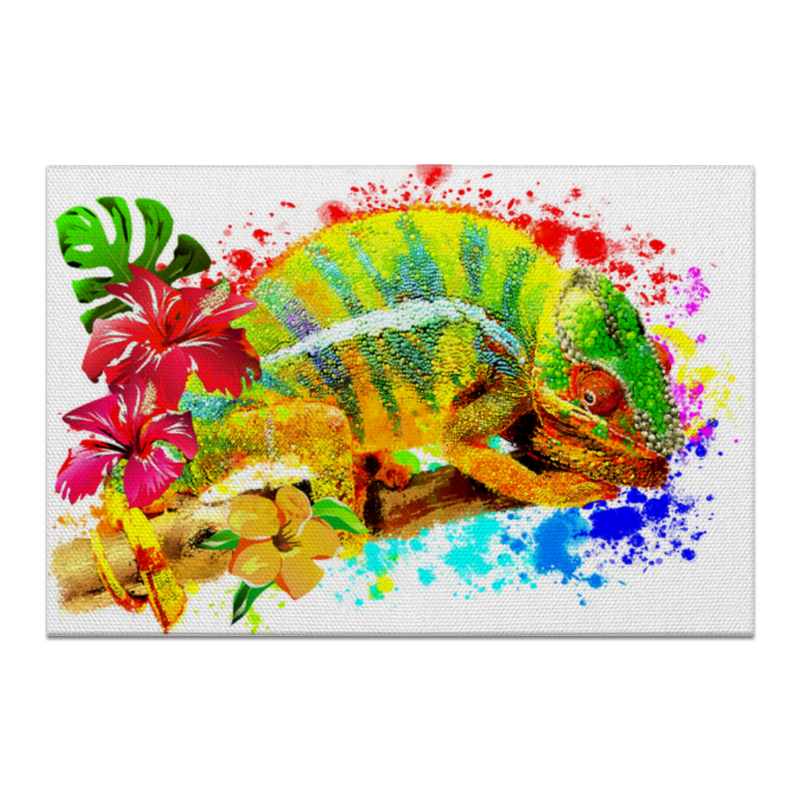 Printio Холст 20×30 Хамелеон с цветами в пятнах краски.