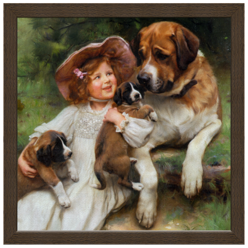 Printio Холст 30×30 Девочка, собака и щенята