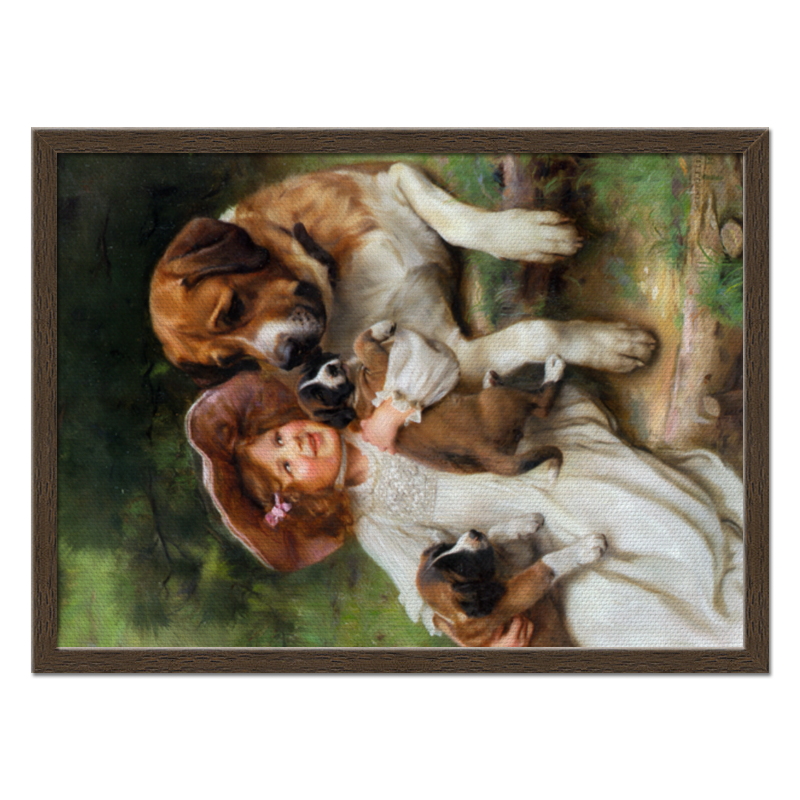 Printio Холст 40×55 Девочка, собака и щенята