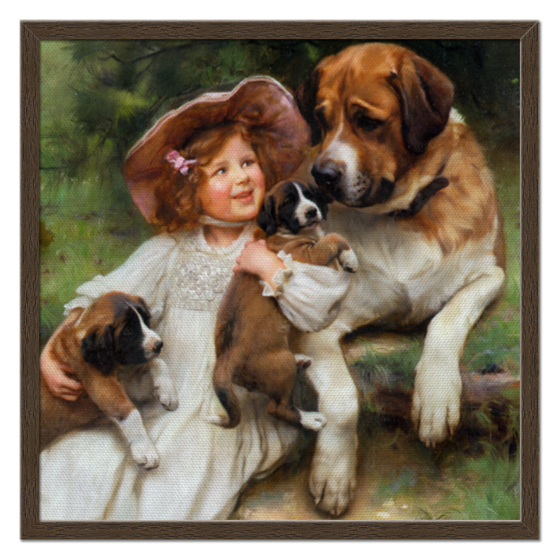 Printio Холст 50×50 Девочка, собака и щенята