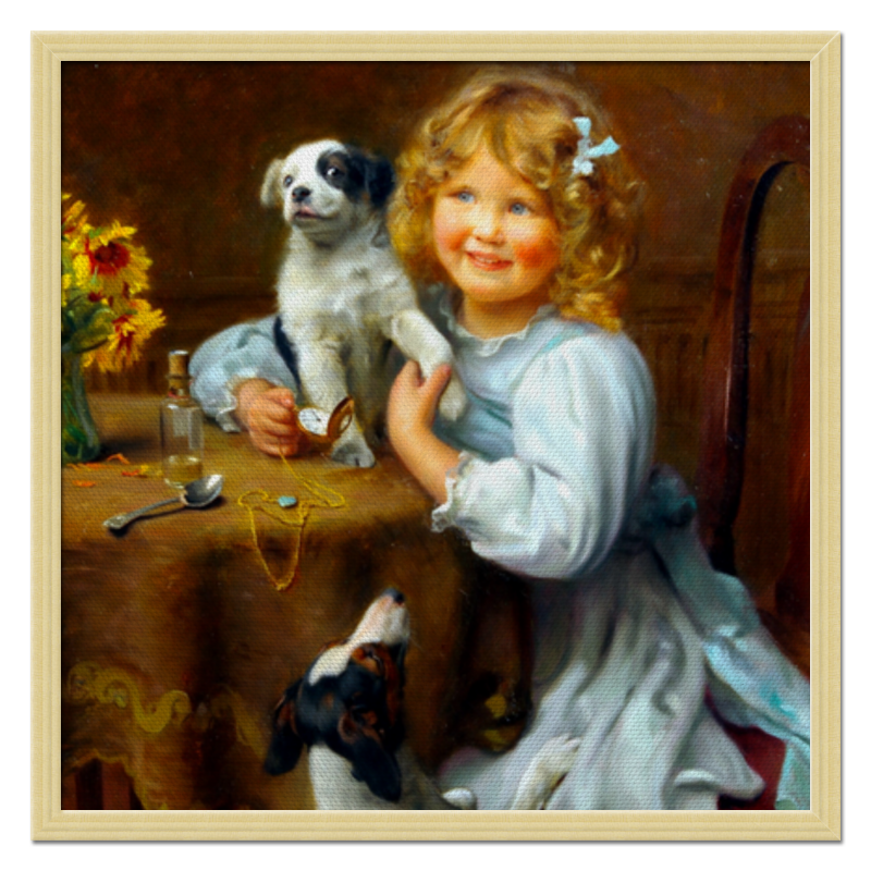 Printio Холст 50×50 Девочка с собакой и щенком