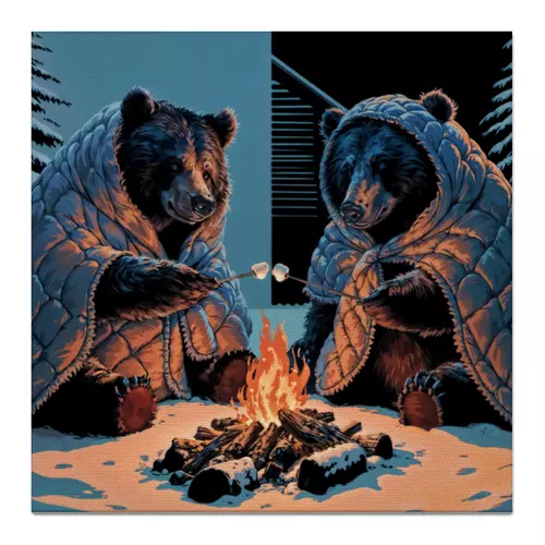Заказать холст в Москве. Холст 50x50 Два медведя жарят зефирки у костра от Александр Котов - готовые дизайны и нанесение принтов.