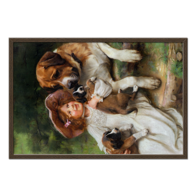 Printio Холст 50×75 Девочка, собака и щенята