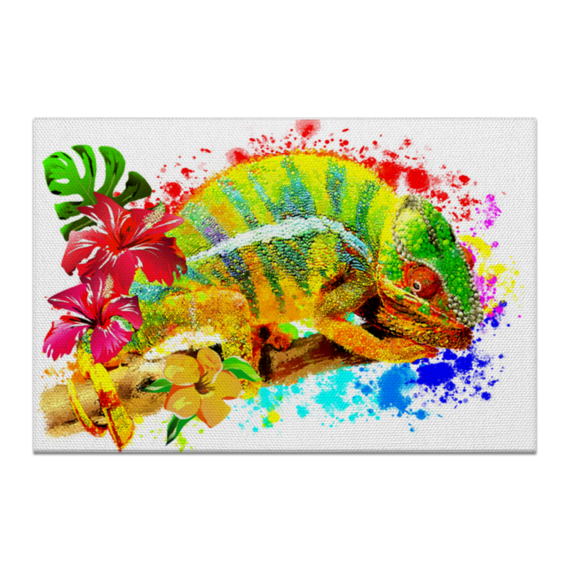 Printio Холст 50×75 Хамелеон с цветами в пятнах краски.