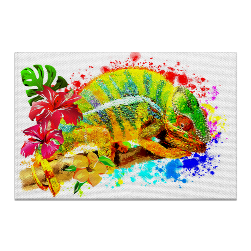 Printio Холст 60×90 Хамелеон с цветами в пятнах краски.