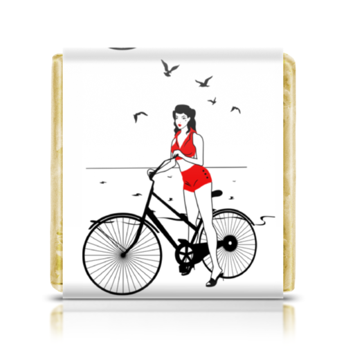 Заказать шоколадки в Москве. Шоколадка 3,5x3,5 см Девушка на велосипеде. Пин ап (ESZAdesign) от eszadesign - готовые дизайны и нанесение принтов.