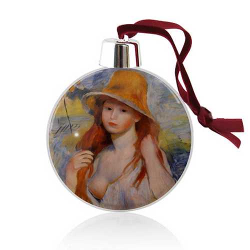 Заказать ёлочное украшение в Москве. Ёлочный шар Молодая женщина в соломенной шляпе от trend - готовые дизайны и нанесение принтов.