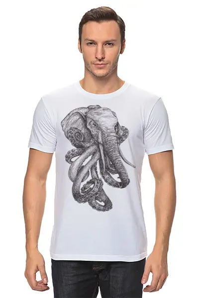 Заказать мужскую футболку в Москве. Футболка классическая Слон и осьминог от printik - готовые дизайны и нанесение принтов.