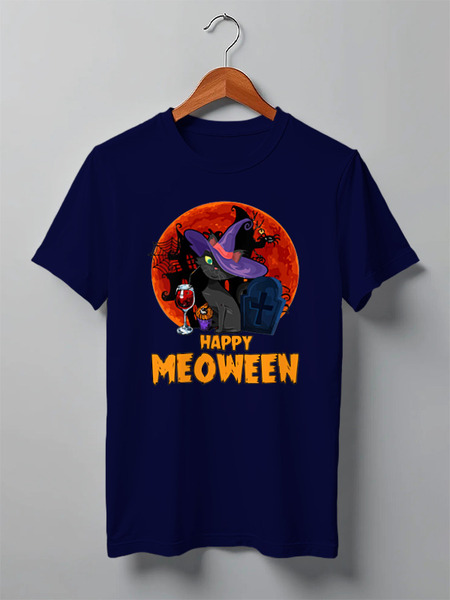 Заказать мужскую футболку в Москве. Футболка классическая Happy Meoween от skynatural - готовые дизайны и нанесение принтов.