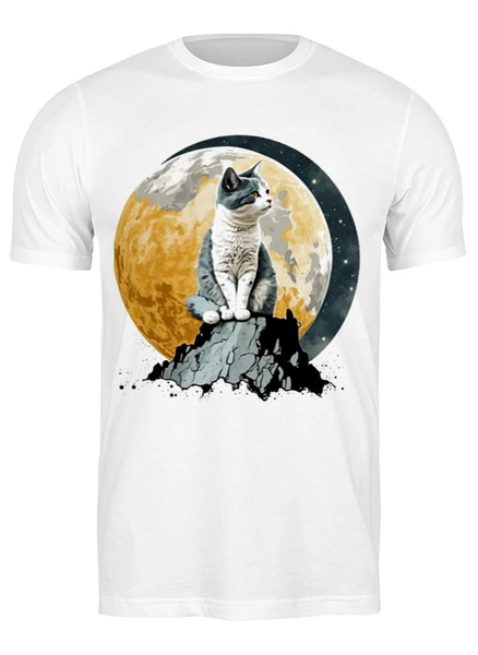 Заказать мужскую футболку в Москве. Футболка классическая Кот сидит на луне от Александр Серебренников - готовые дизайны и нанесение принтов.