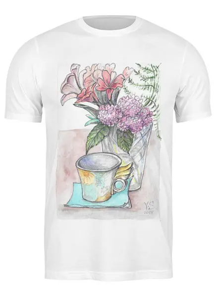 Заказать мужскую футболку в Москве. Футболка классическая Утро цветы от Yana-Art - готовые дизайны и нанесение принтов.