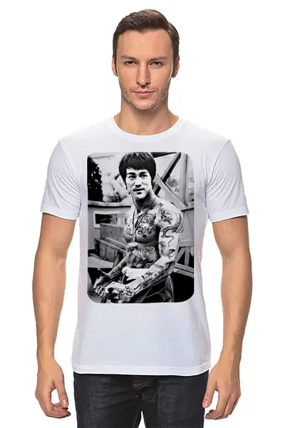 Заказать мужскую футболку в Москве. Футболка классическая Брюс Ли с тату от trygun - готовые дизайны и нанесение принтов.