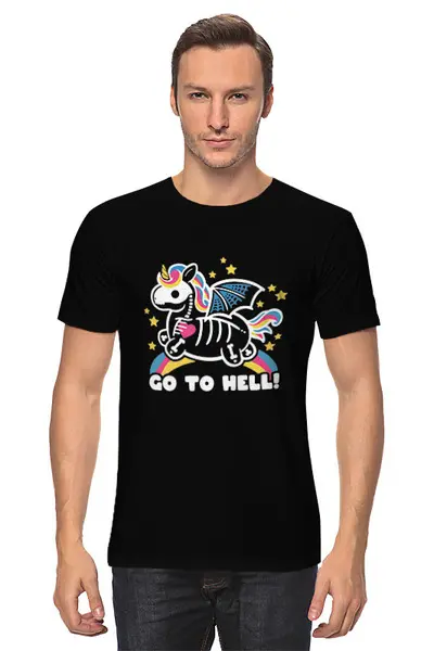 Заказать мужскую футболку в Москве. Футболка классическая Go to hell unicorn от Павел Павел - готовые дизайны и нанесение принтов.
