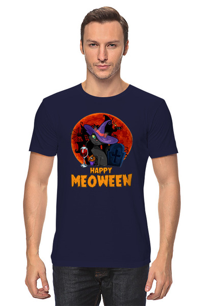 Заказать мужскую футболку в Москве. Футболка классическая Happy Meoween от skynatural - готовые дизайны и нанесение принтов.