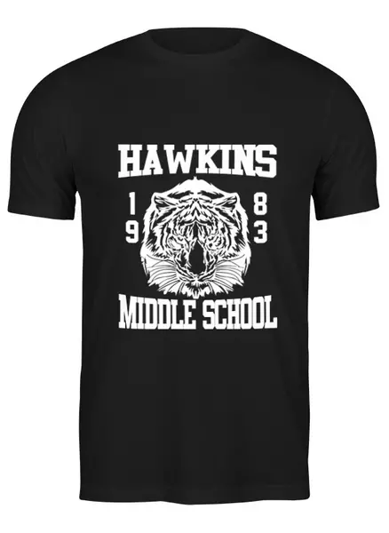 Заказать мужскую футболку в Москве. Футболка классическая Hawkins middle school от zamza - готовые дизайны и нанесение принтов.