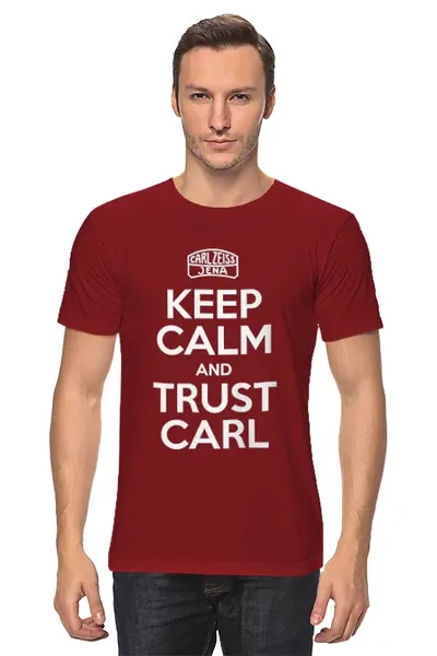 Заказать мужскую футболку в Москве. Футболка классическая Keep Calm Carl red от markscheider - готовые дизайны и нанесение принтов.