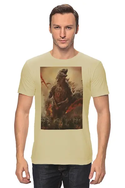 Заказать мужскую футболку в Москве. Футболка классическая Godzilla beige от KinoArt - готовые дизайны и нанесение принтов.