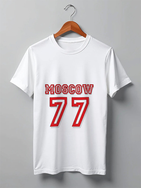 Заказать мужскую футболку в Москве. Футболка классическая 77 Moscow white от Muhammad Ruziev - готовые дизайны и нанесение принтов.