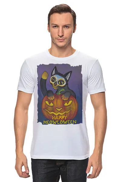 Заказать мужскую футболку в Москве. Футболка классическая Happy Meowloween! от Tori Cerberus - готовые дизайны и нанесение принтов.