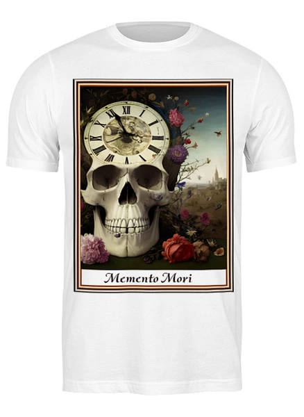 Заказать мужскую футболку в Москве. Футболка классическая Memento mori - помни о смерти (череп, часы, цветы) от Achadidi.printio.ru  - готовые дизайны и нанесение принтов.