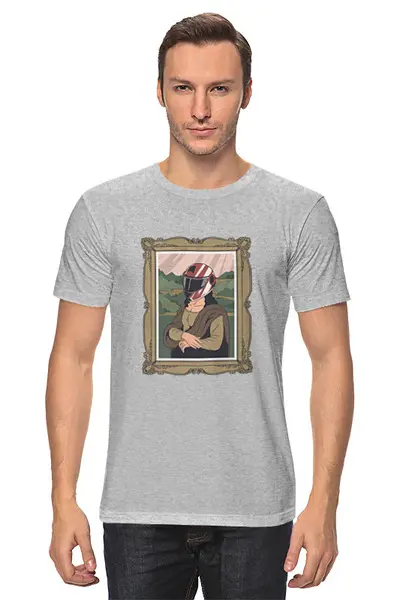 Заказать мужскую футболку в Москве. Футболка классическая Мона Лиза в шлеме от Павел Павел - готовые дизайны и нанесение принтов.