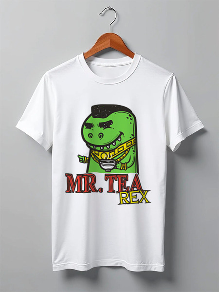 Заказать мужскую футболку в Москве. Футболка классическая Mr. Tea Rex от hideo_kojima - готовые дизайны и нанесение принтов.