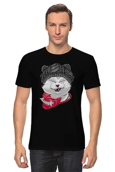 Заказать мужскую футболку в Москве. Футболка классическая Котик в шапке от T-shirt print  - готовые дизайны и нанесение принтов.