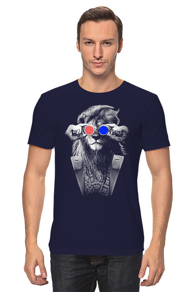Заказать мужскую футболку в Москве. Футболка классическая Лев в очках от Print design  - готовые дизайны и нанесение принтов.