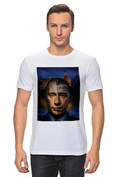 Заказать мужскую футболку в Москве. Футболка классическая Путин vs Обама от Just kidding - готовые дизайны и нанесение принтов.