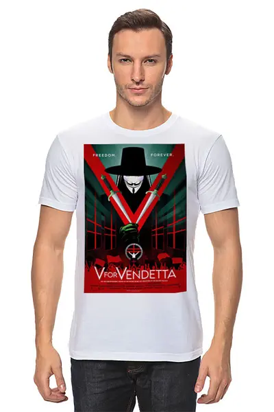 Заказать мужскую футболку в Москве. Футболка классическая «V» значит Вендетта / V for Vendetta от kino.printio.ru - готовые дизайны и нанесение принтов.