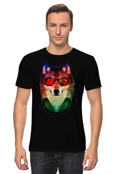 Заказать мужскую футболку в Москве. Футболка классическая Волк в очках от Space Art - готовые дизайны и нанесение принтов.