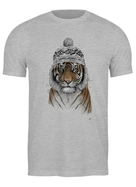 Заказать мужскую футболку в Москве. Футболка классическая Тигр в шапке от printik - готовые дизайны и нанесение принтов.