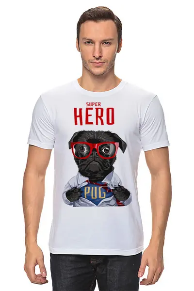 Заказать мужскую футболку в Москве. Футболка классическая SuperHero Pug от Media M  - готовые дизайны и нанесение принтов.