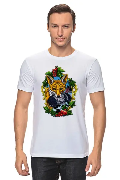 Заказать мужскую футболку в Москве. Футболка классическая лиса с голубем от krolya_spb@mail.ru - готовые дизайны и нанесение принтов.
