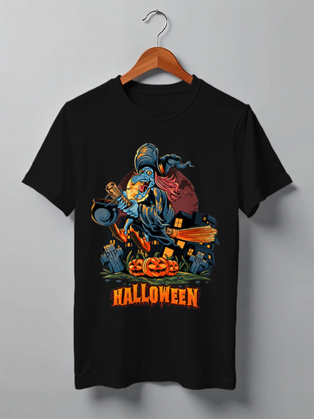 Заказать мужскую футболку в Москве. Футболка классическая Halloween - Ведьма на метле от printeriumstore@gmail.com - готовые дизайны и нанесение принтов.