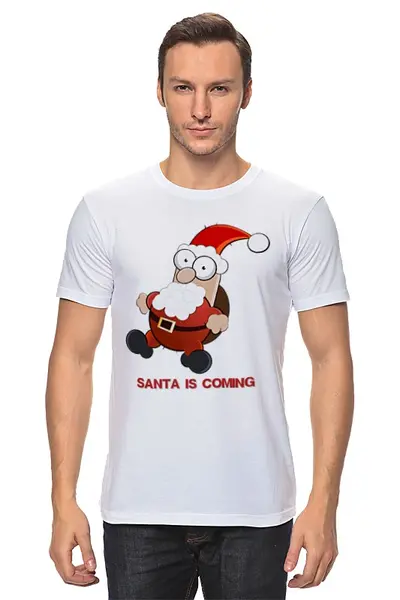 Заказать мужскую футболку в Москве. Футболка классическая Santa is coming от Илья Щеблецов - готовые дизайны и нанесение принтов.
