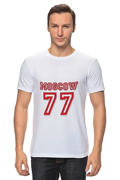 Заказать мужскую футболку в Москве. Футболка классическая 77 Moscow white от Muhammad Ruziev - готовые дизайны и нанесение принтов.