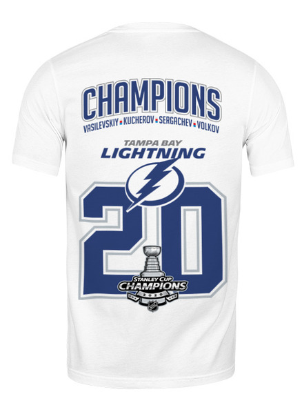 Заказать мужскую футболку в Москве. Футболка классическая Tampa Bay Lightning Stanley Cup Champions 2020 от KutvinoV.com  - готовые дизайны и нанесение принтов.
