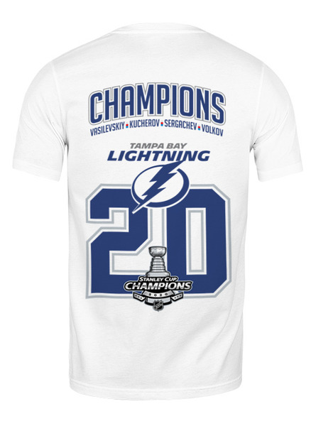 Заказать мужскую футболку в Москве. Футболка классическая Tampa Bay Lightning Stanley Cup Champions 2020 от KutvinoV.com  - готовые дизайны и нанесение принтов.