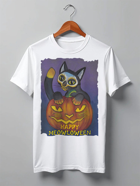 Заказать мужскую футболку в Москве. Футболка классическая Happy Meowloween! от Tori Cerberus - готовые дизайны и нанесение принтов.