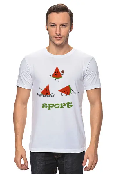 Заказать мужскую футболку в Москве. Футболка классическая Арбузик любит спорт от Наталья Хахлина - готовые дизайны и нанесение принтов.