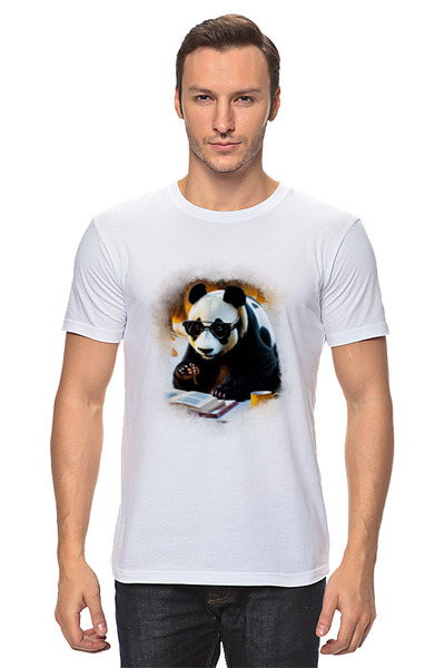 Заказать мужскую футболку в Москве. Футболка классическая Панда в очках сидит за столом от b81b@yandex.ru - готовые дизайны и нанесение принтов.