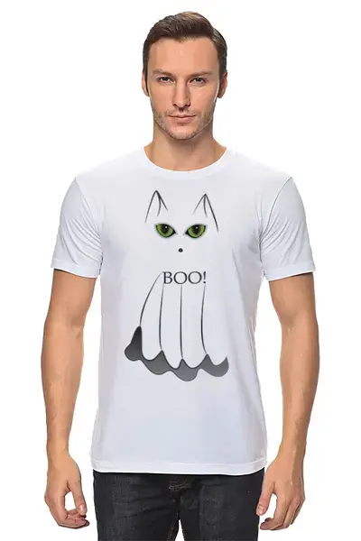Заказать мужскую футболку в Москве. Футболка классическая Привидение кот от PolinaPo - готовые дизайны и нанесение принтов.
