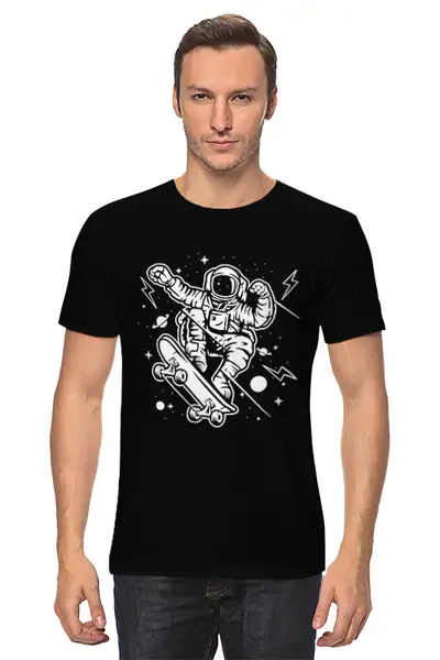 Заказать мужскую футболку в Москве. Футболка классическая Космонавт на скейте от Zamula - готовые дизайны и нанесение принтов.