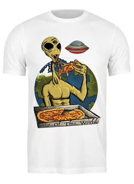 Заказать мужскую футболку в Москве. Футболка классическая НЛО ест пиццу от ПРИНТЫ ПЕЧАТЬ  - готовые дизайны и нанесение принтов.
