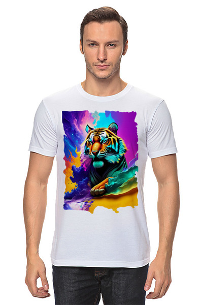 Заказать мужскую футболку в Москве. Футболка классическая Тигр на ярком фоне от valezar - готовые дизайны и нанесение принтов.