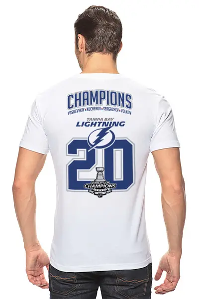 Заказать мужскую футболку в Москве. Футболка классическая Tampa Bay Lightning Stanley Cup Champions 2020 от KutvinoV.com  - готовые дизайны и нанесение принтов.