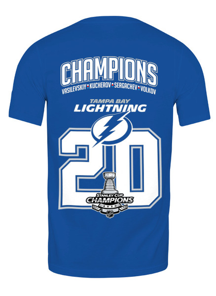 Заказать мужскую футболку в Москве. Футболка классическая Tampa Bay Lightning Stanley Cup Champions 2020 от KutvinoV.com  - готовые дизайны и нанесение принтов.