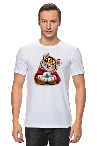 Заказать мужскую футболку в Москве. Футболка классическая Тигр со снежным шаром от tigerda  - готовые дизайны и нанесение принтов.